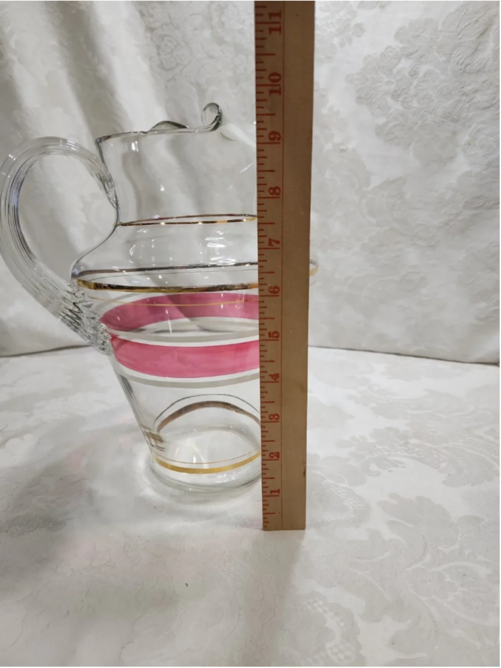MCM Glass Pitcher Ice Lip Pink White Enamel Stripe Gold Trim Ribbed Handle